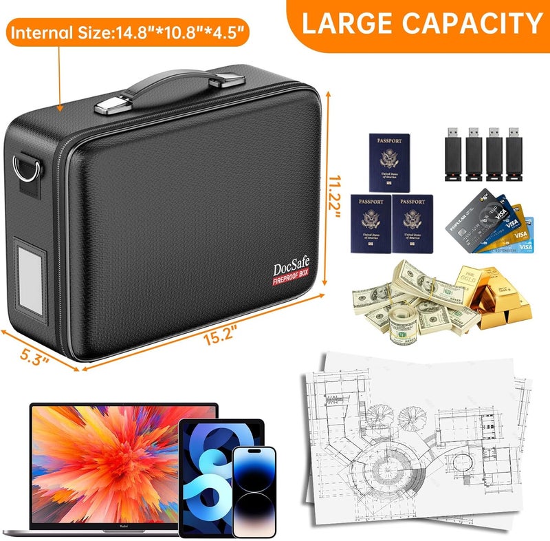 DocSafe Fireproof Document Box with Lock＆Shoulder Strap, Hard-Shell Case File Organizer with Accordion File Folder, Multi-Layer Portable Home Office Travel Safe Storage for Important Documents Laptop - Image 5